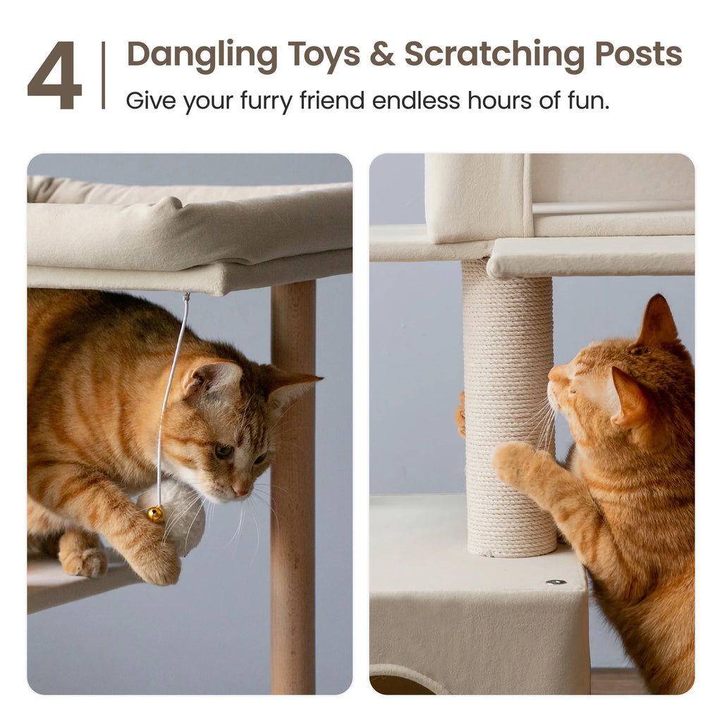 Beige Multi-Level Wood Cat Tree with 2 Condos and Perch Y966