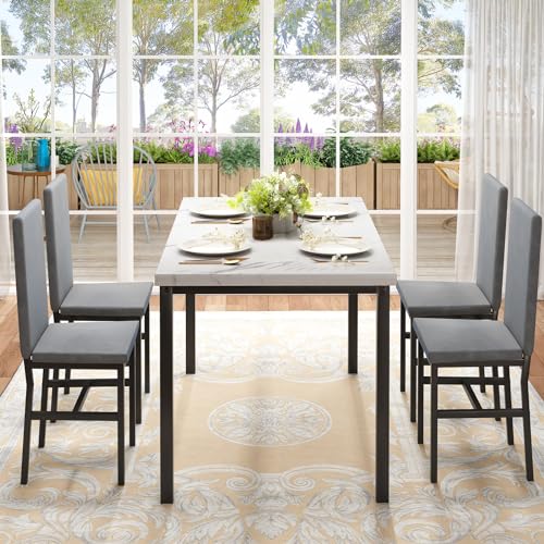 Dining Table Set for 4 with Faux Marble Tabletop and 4 PU Leather Chairs J936