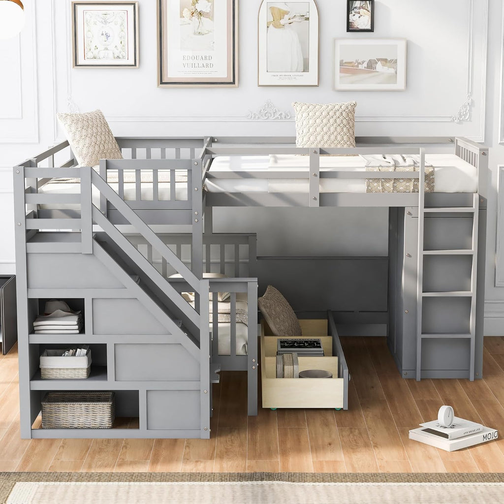 Gray Wooden Triple Bunk Bed with Desk, Storage Drawers, Stairs and Wardrobe B4761