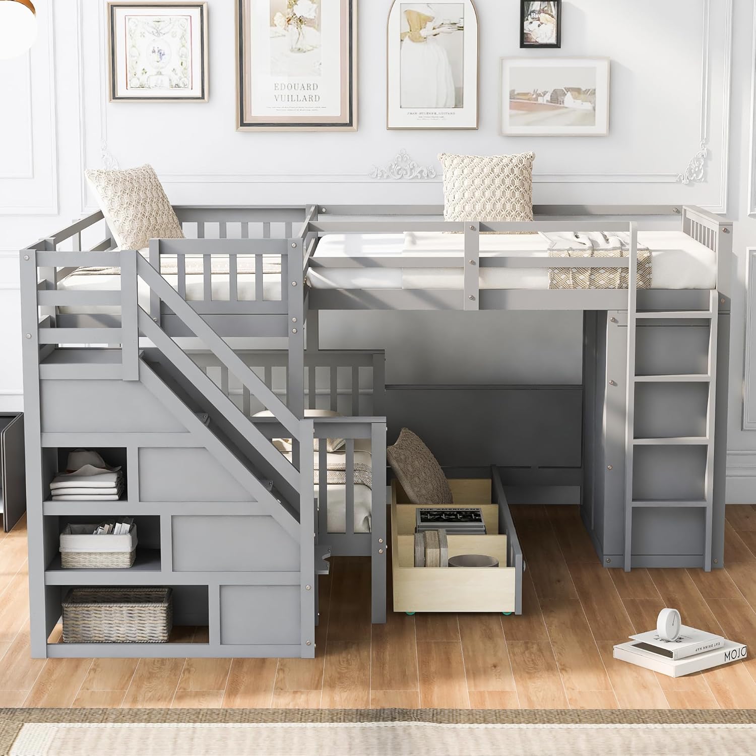 Gray Wooden Triple Bunk Bed with Desk, Storage Drawers, Stairs and Wardrobe B4761