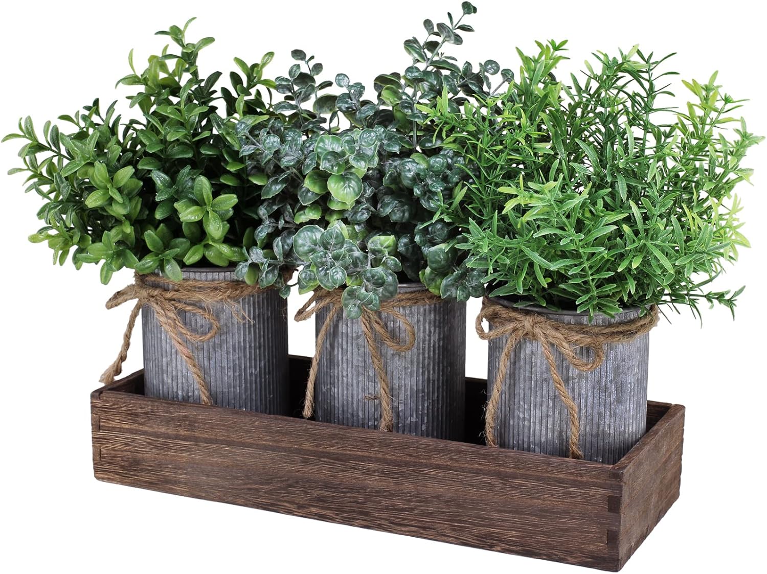 Set of 3 Mini Faux Potted Plants in Rustic Galvanized Metal Pots with Rectangle Wood Box U480
