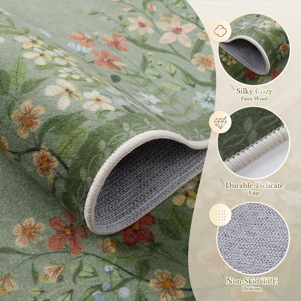 Green Floral 4x6 Washable Low-Pile Area Rug B6699