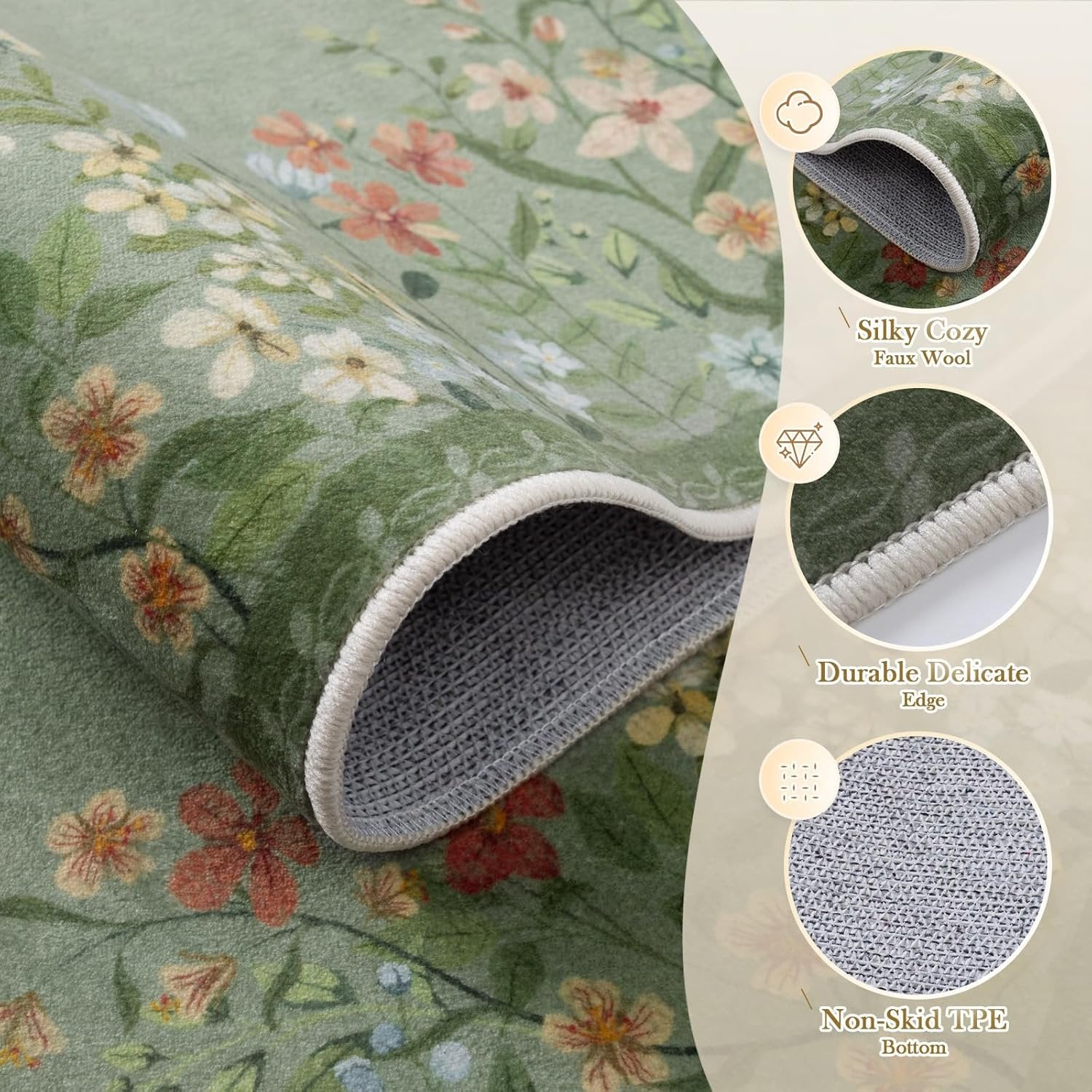 Green Floral 4x6 Washable Low-Pile Area Rug B6699