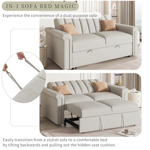 Beige Convertible Sleeper Sofa Bed with Pullout Bed T92457