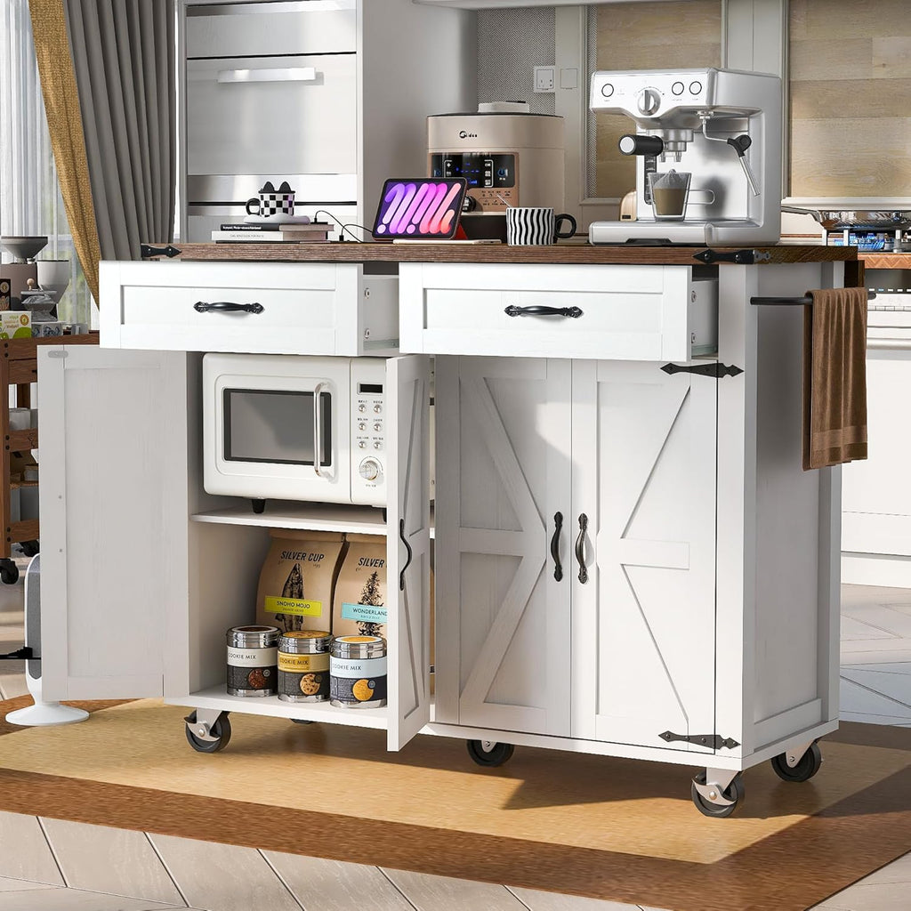 White Kitchen Island with Power Outlet and Drop Leaf Y6211