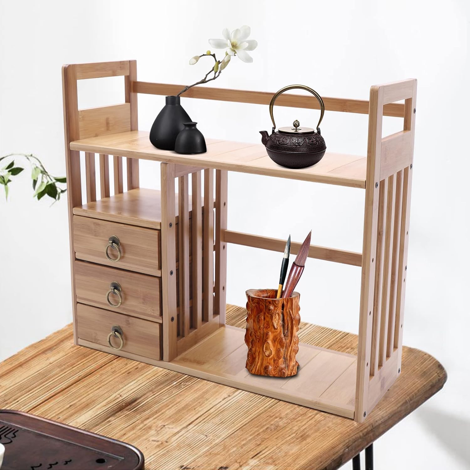 Natural Bamboo Desk Shelf Organizer with 3 Drawers F1705