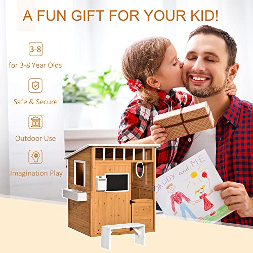 Wooden Playhouse with Working Door, Windows, Mailbox, Bench, Flowers Pot Holder, 48" x 42.5" x 53" Q180