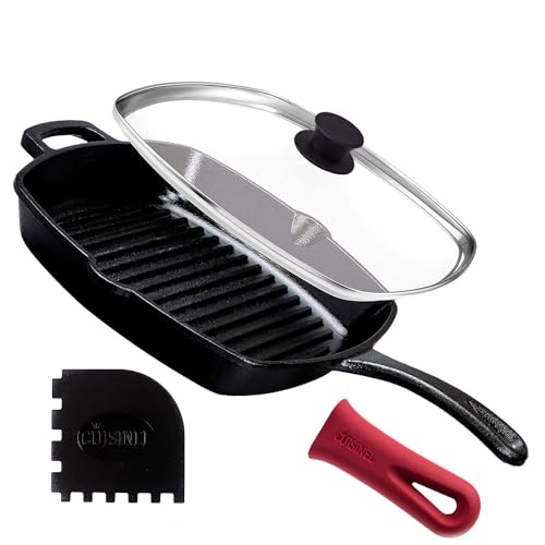 10.5" Pre-Seasoned Cast Iron Square Grill Pan with Glass Lid T428006