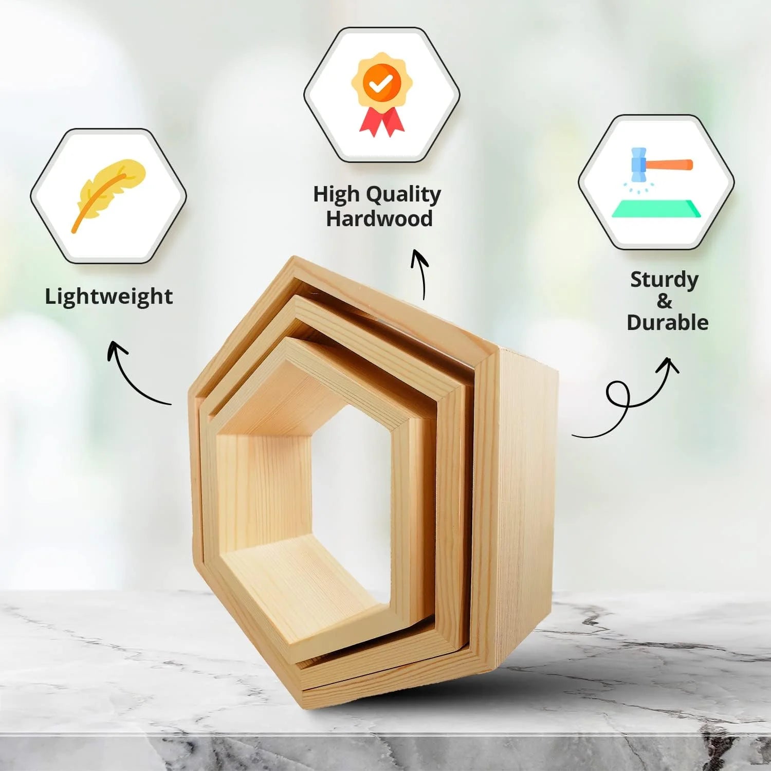 Set Of 3 Oak Hexagon Floating Shelves L75731