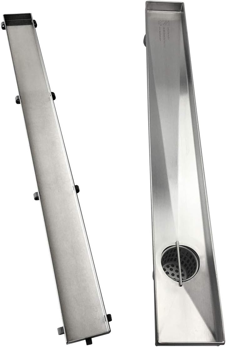 36-Inch Offset Linear Shower Drain with Tile Insert Grate Cover, Brushed 304 Stainless Steel Rectangle Side Outlet Shower Floor Drain P7046