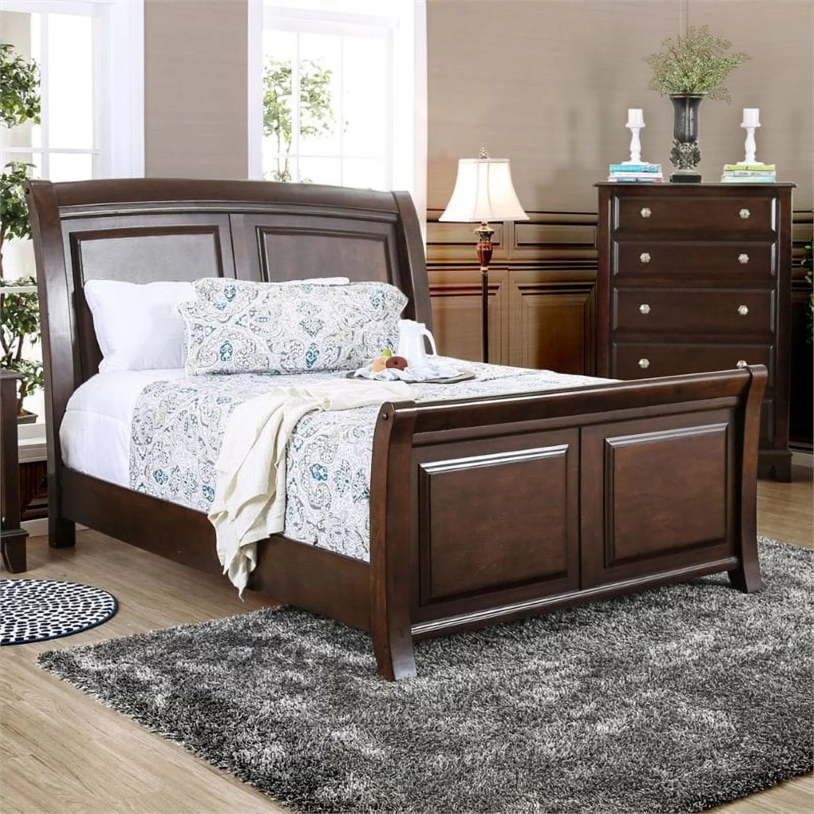 Brown Cherry Wood California King Sleigh Bed U4372