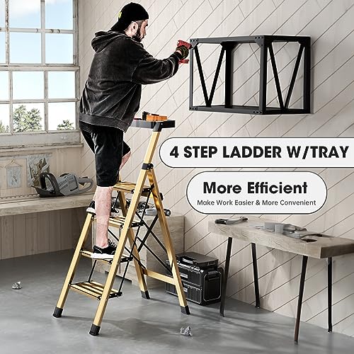 Gold Aluminum Folding Step Stool with Anti-Slip Pedal, 330 lbs Capacity F7138