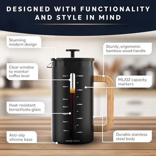 34 oz French Press Coffee Maker with Bamboo Wood Handle Borosilicate Glass K140