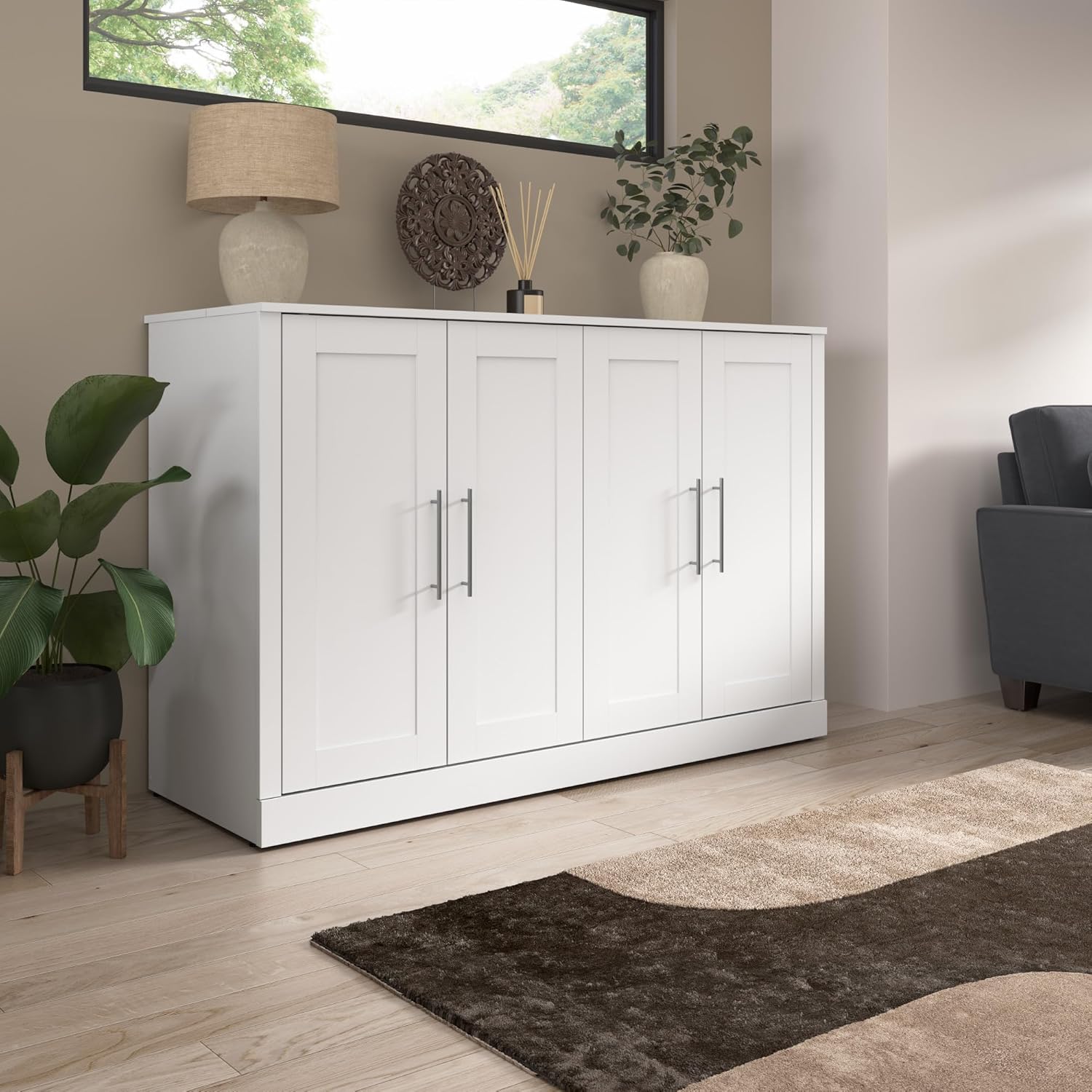 White Full Murphy Cabinet Bed with Mattress A3505