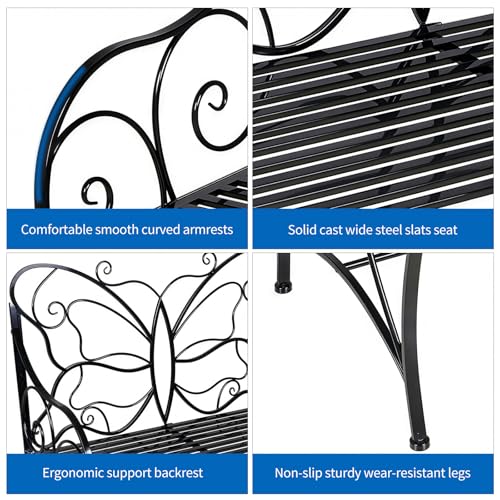 Black Cast Iron Metal Outdoor Bench with Armrests W314