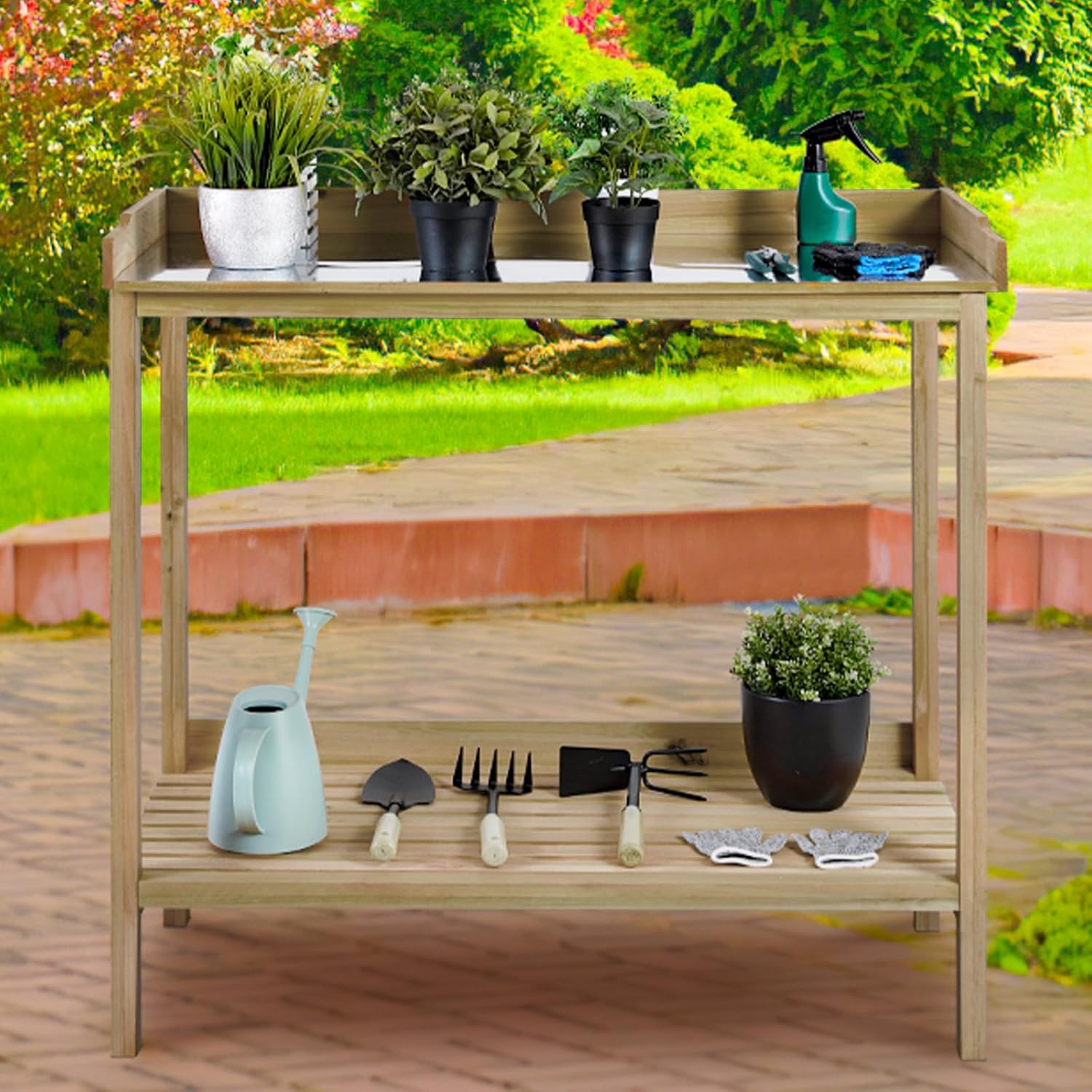 Natural Wood Potting Bench with Galvanized Iron Tabletop I853