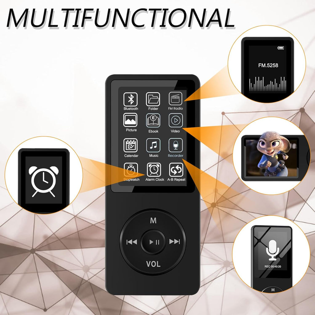 32GB Bluetooth MP3 Player with Speaker, FM Radio, Voice Recorder, Alarm Clock, Supports up to 128GB, Including Earphones G16597