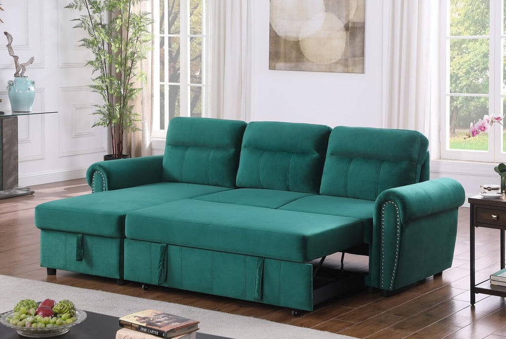 Green Velvet L Shaped Sleeper Sectional Sofa with Storage Chaise O23823