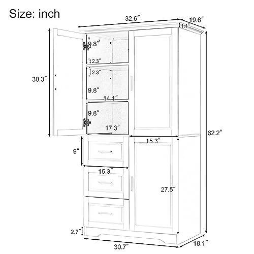 White 3 Door Tall Storage Cabinet with Adjustable Shelves and 3 Drawers H628