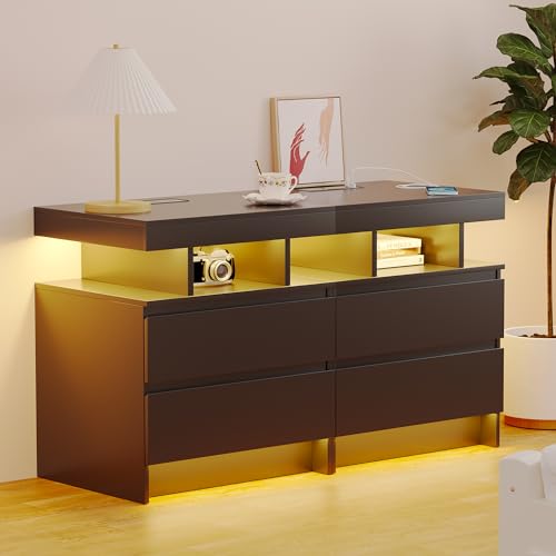 Black Nightstand with Drawers and Wireless Charging Station A2405