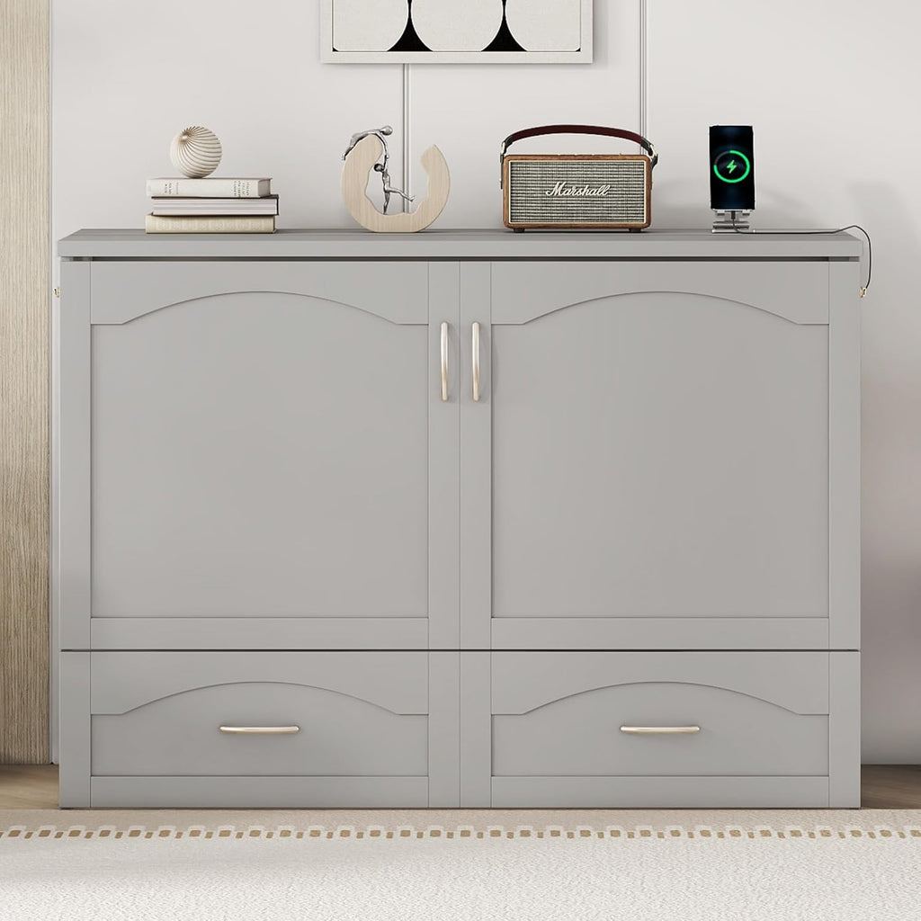 Gray Full Size Murphy Cabinet Bed with Built-in Charging Station H1161
