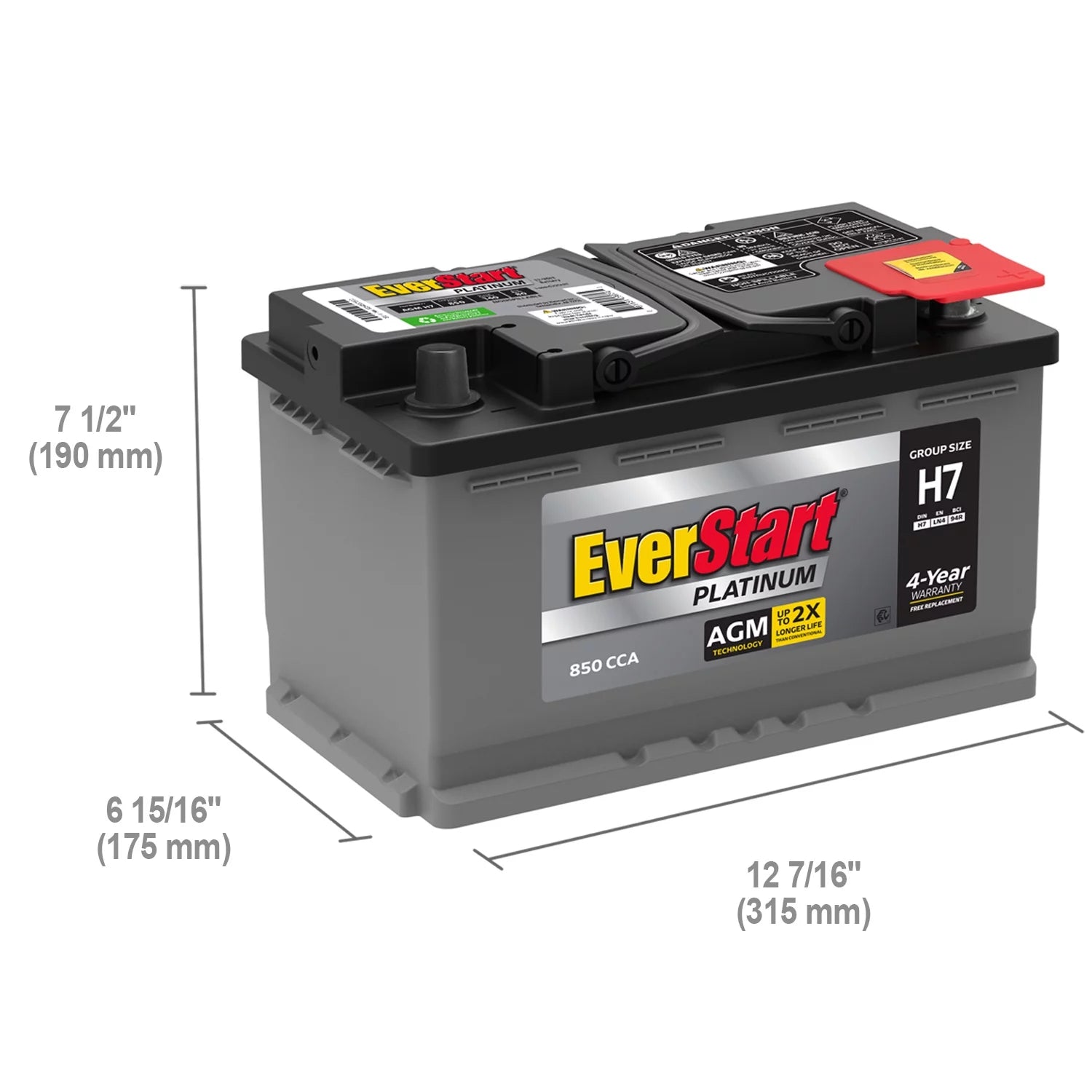 AGM Automotive Battery, Group Size H7 / LN4 / 94R 12 Volt, 800 CCA 140 RC B810565