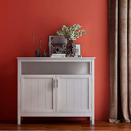 White Solid Wood Buffet Table with 2 Doors and Shelves J16327