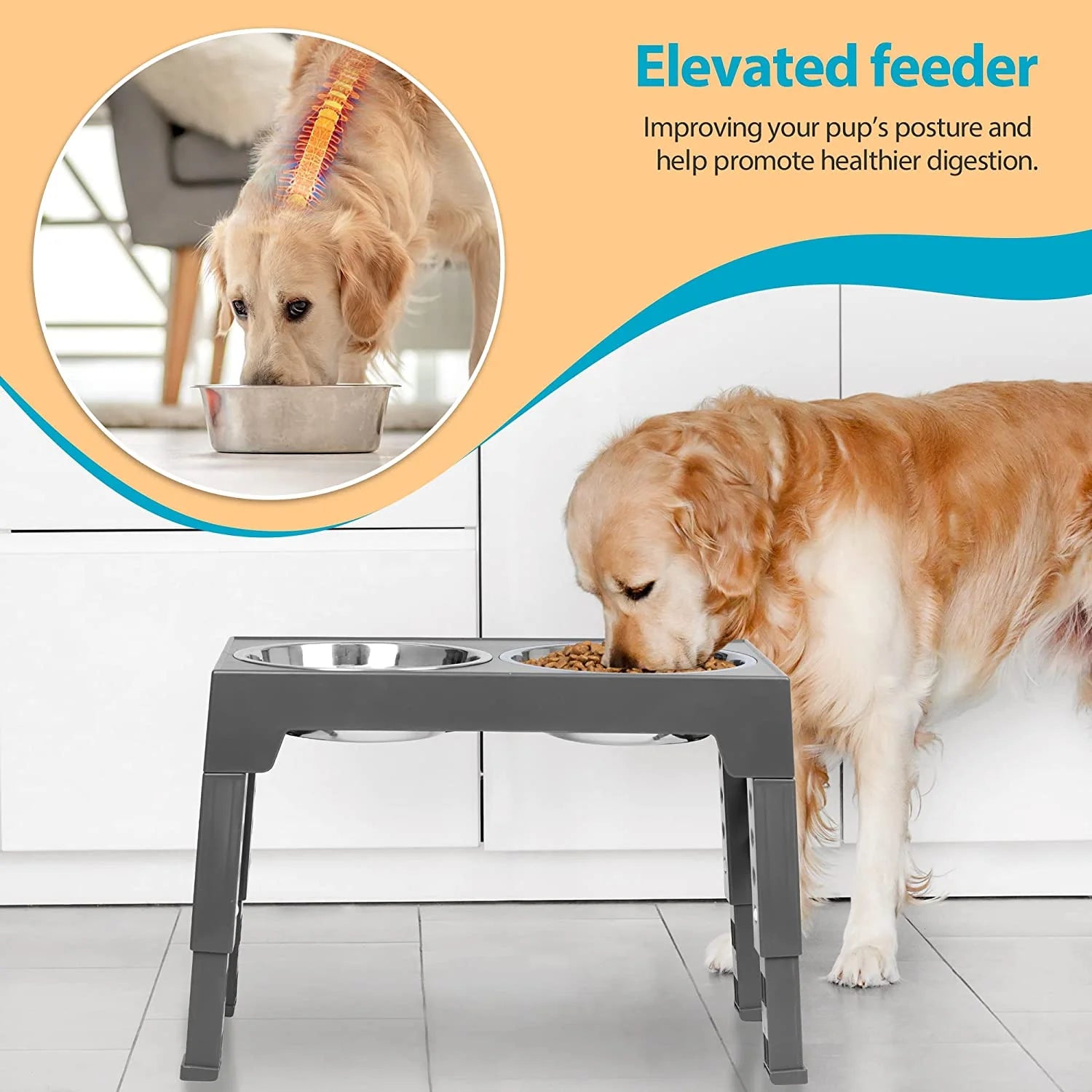 Elevated Dog Bowls Stand with 2 Stainless Steel Dishes, Raised Dog Bowl Adjusts to 5 Heights (Gray) E582