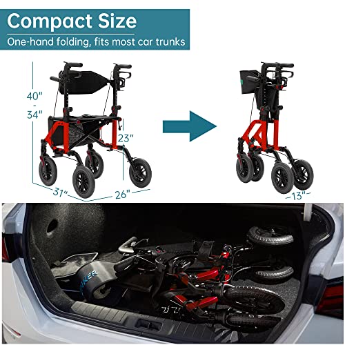 Blue 2 in 1 Rollator Walker & Transport Chair with 10” Non-Pneumatic Wheels C723