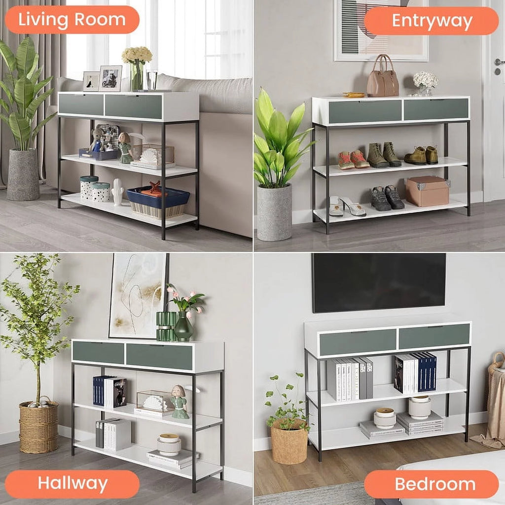 White and Light Green Wood Console Table with Shelves and Drawers C4535