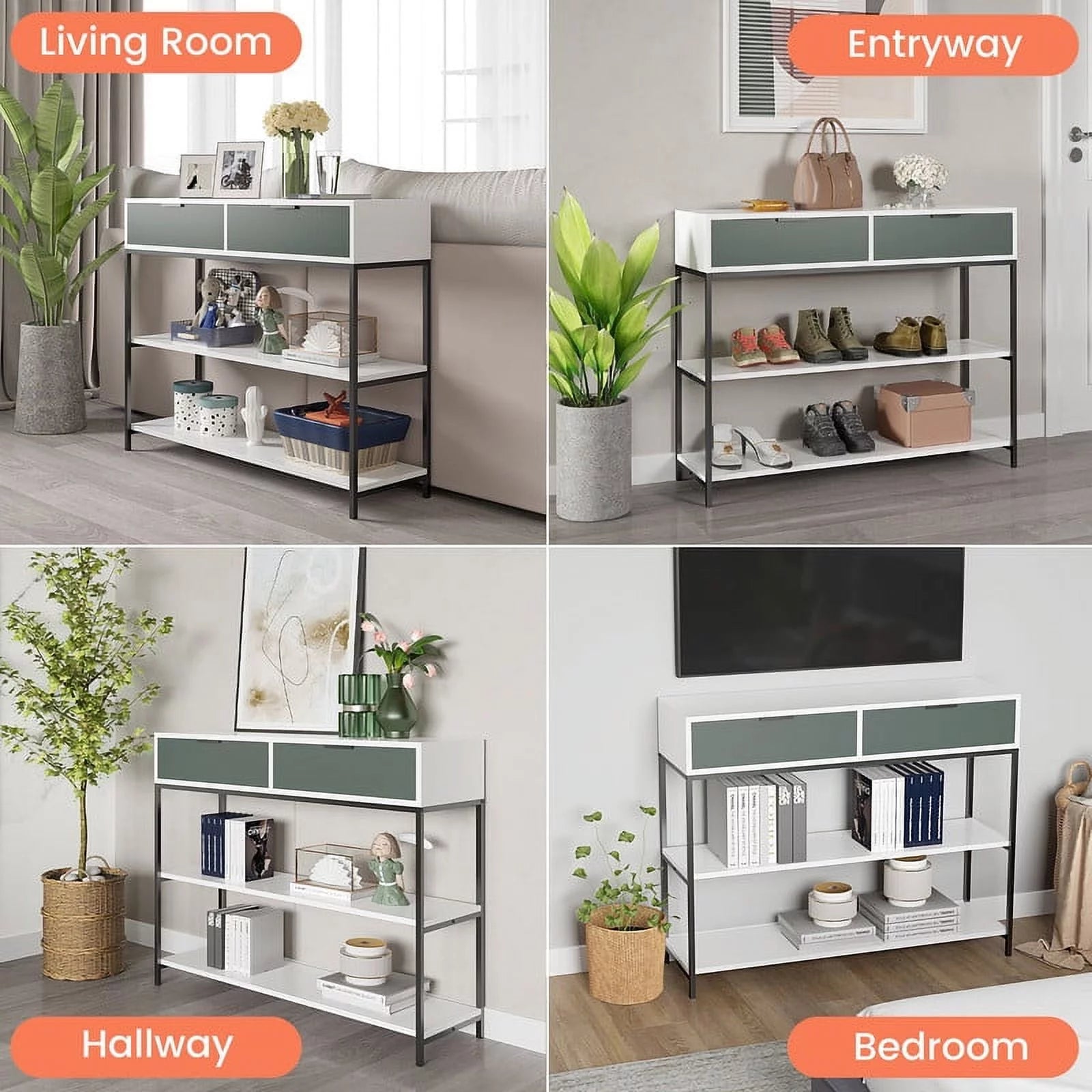 White and Light Green Wood Console Table with Shelves and Drawers C4535