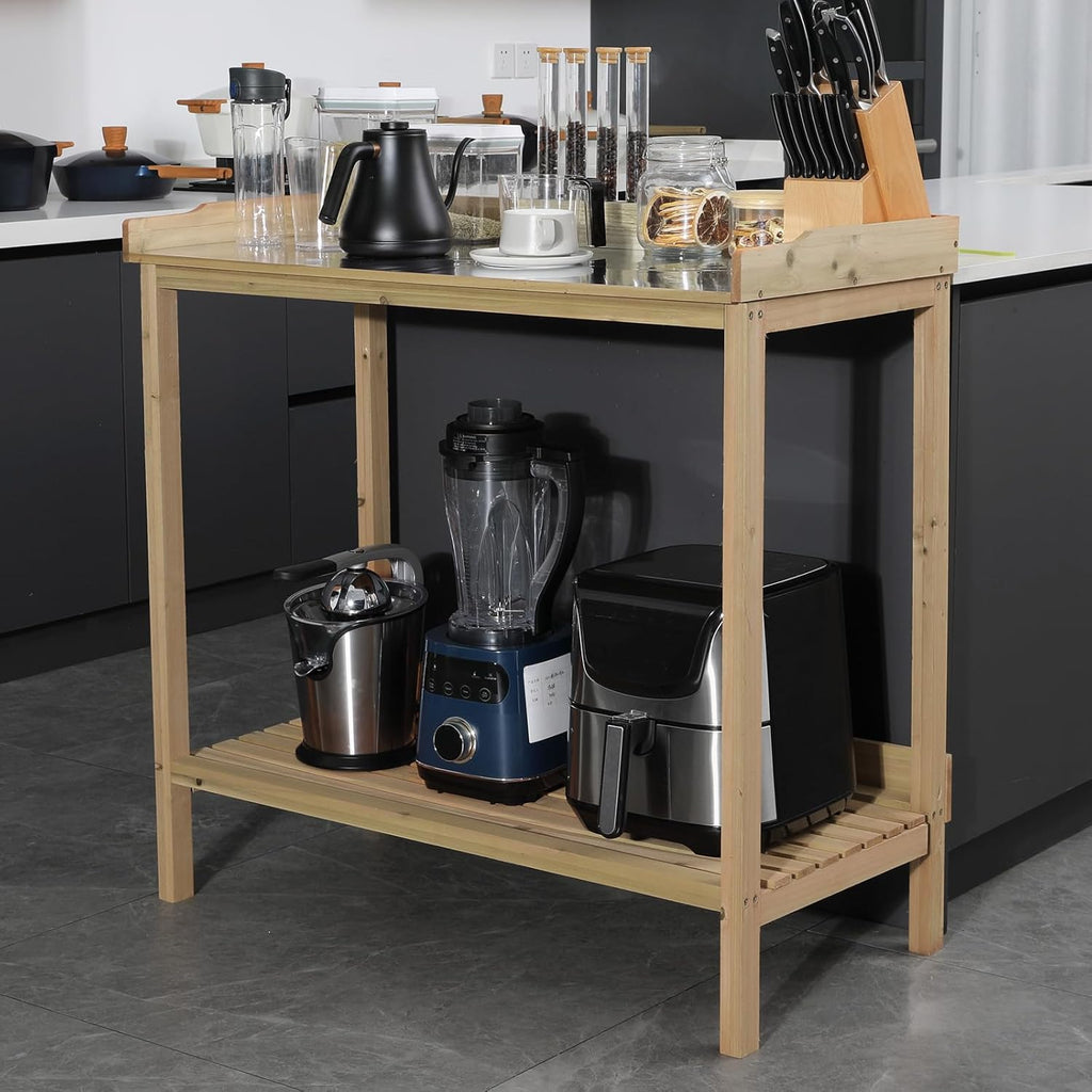 Natural Wood Potting Bench with Galvanized Iron Tabletop I853