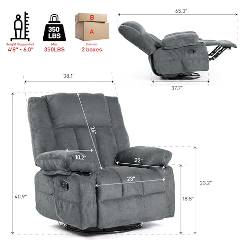 Recliner Chair Massage Fabric Recliners with Heated, 360 Degree Swivel Single Sofa with Cup Holders and Side Pockets Rocking Chair T54270