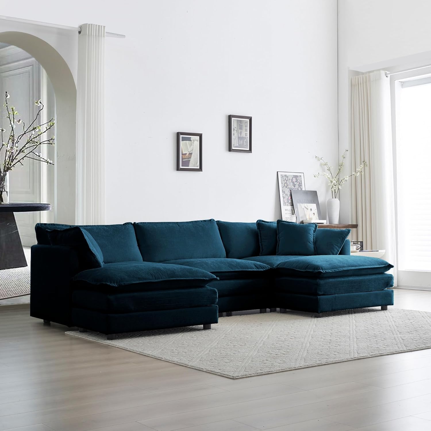 U Shaped Convertible Modular Sectional Sofa with Movable Ottomans, 5-Seater Deep Seat Chenille Upholstered Sleeper Sofa Y222