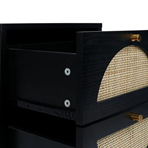 Black 2-Drawer Rattan Wood Nightstand I8215