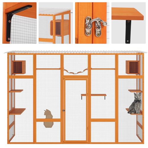 Orange Wooden Cat Enclosure with Large Door, Waterproof Roof, 104" L Extra Wide L43032