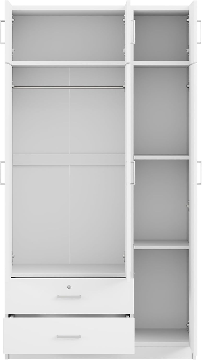 White 3-Door Mirror Wardrobe Closet with 2 Drawers F5635
