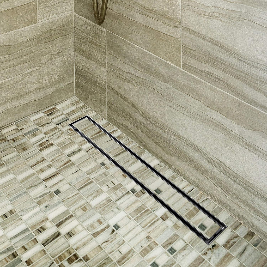 36-Inch Offset Linear Shower Drain with Tile Insert Grate Cover, Brushed 304 Stainless Steel Rectangle Side Outlet Shower Floor Drain P7046