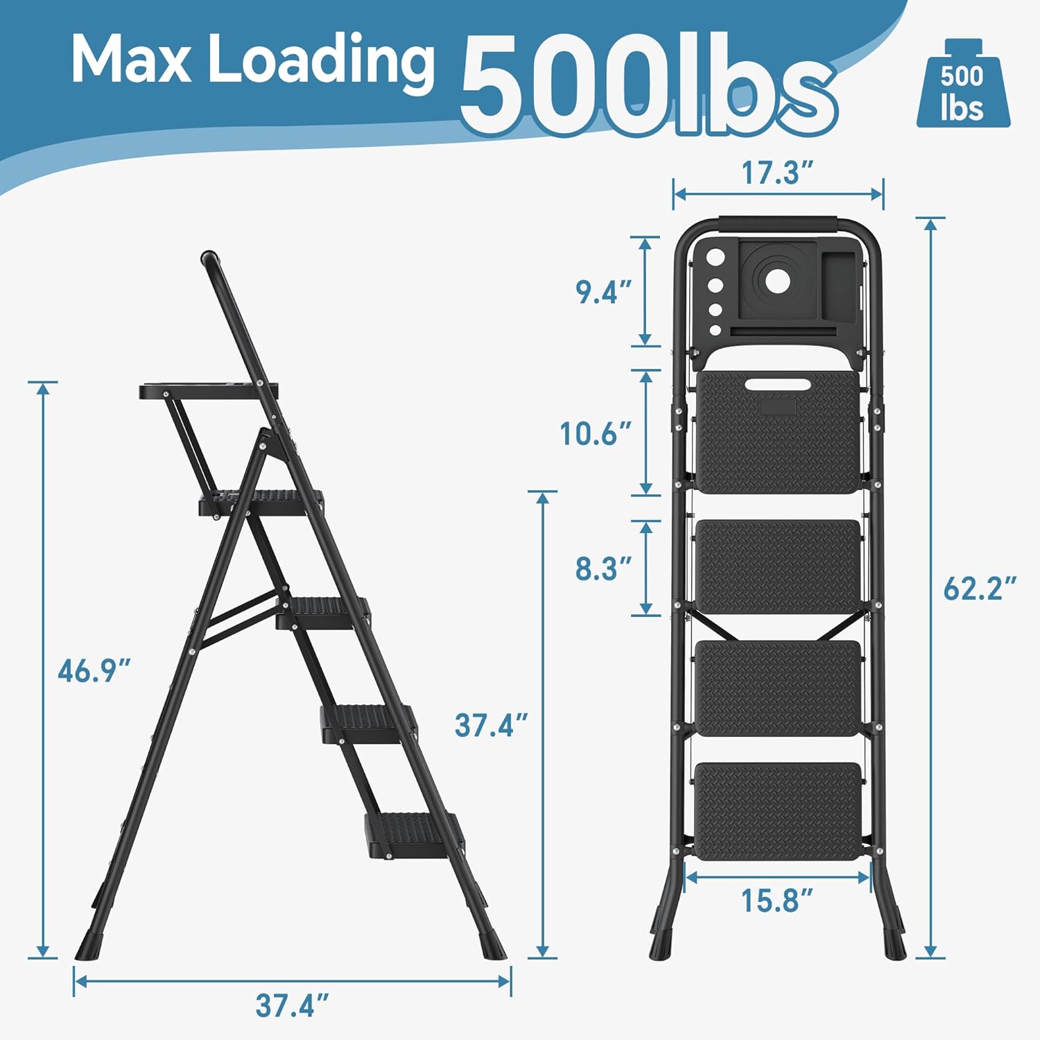 Folding Step Stool with Anti-Slip Pedal, 500lbs Capacity Steel Step Ladder M6200