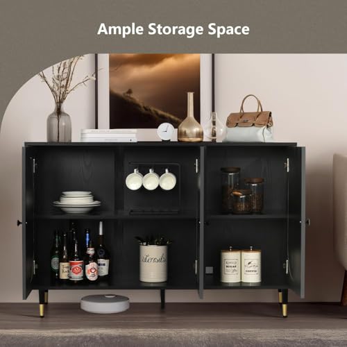 Black Rattan 3 Doors Buffet Cabinet with Adjustable Shelf I8256