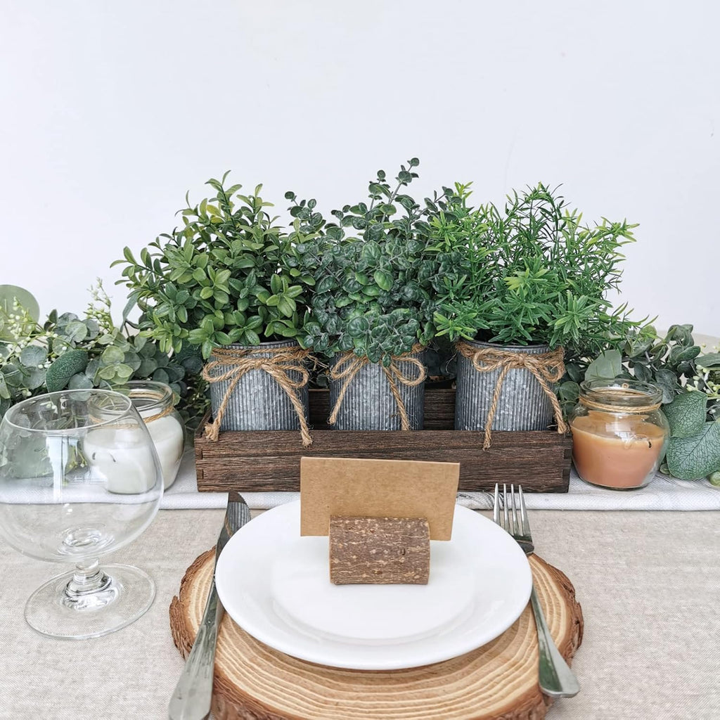 Set of 3 Mini Faux Potted Plants in Rustic Galvanized Metal Pots with Rectangle Wood Box U480