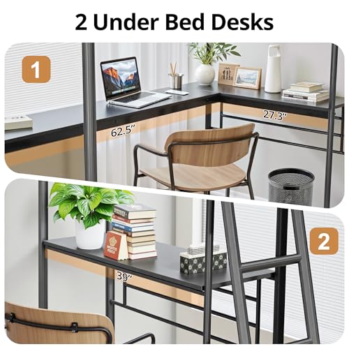 Black Twin Size L-Shaped Metal Loft Bed with 2 Built-in Desks and 2 Ladders A9827