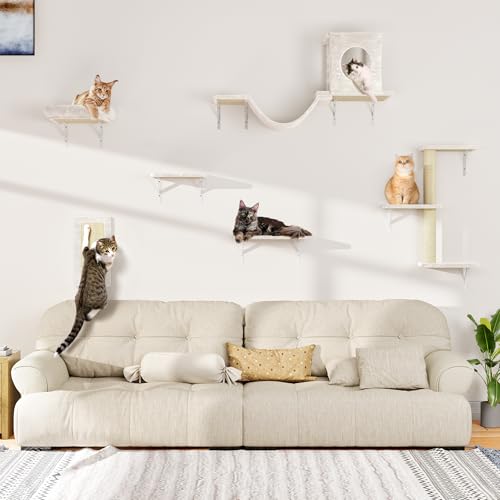 Gray 7 Pcs Cat Wall Shelves with House, Tunnel, Bridge, Steps, Scratcher, Hammock, Bed P73120