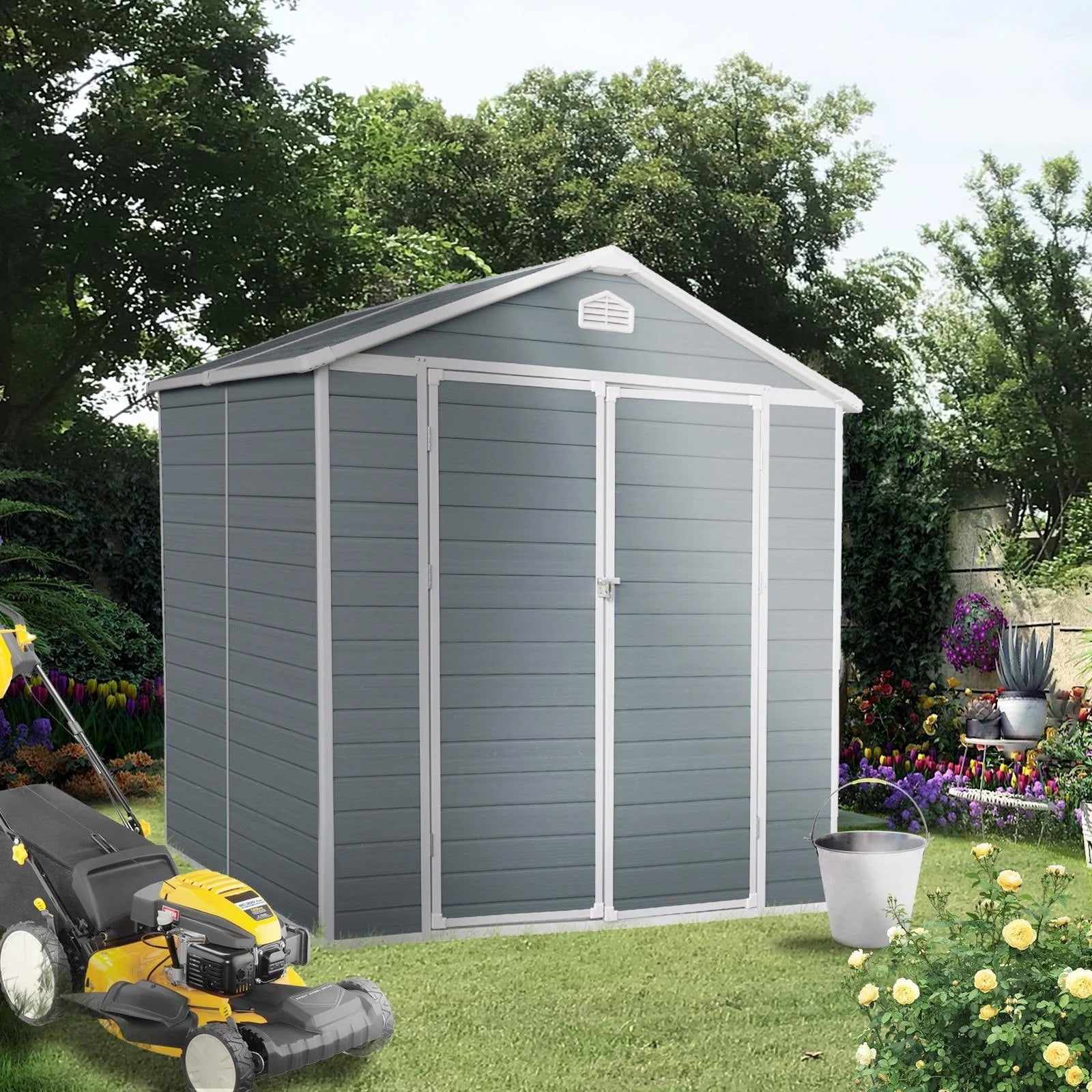 Gray 8' x 6' Outdoor Resin Storage Shed with Lockable Door A73292