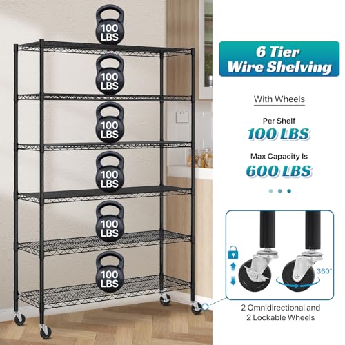 Black 6 Tier Steel Wire Shelving Unit with Wheels C784