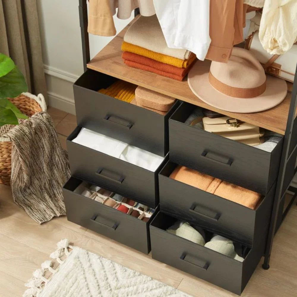Freestanding Clothing Rack with Hanging Rod and 6 Drawer Wooden Wardrobe Armoire Y7027