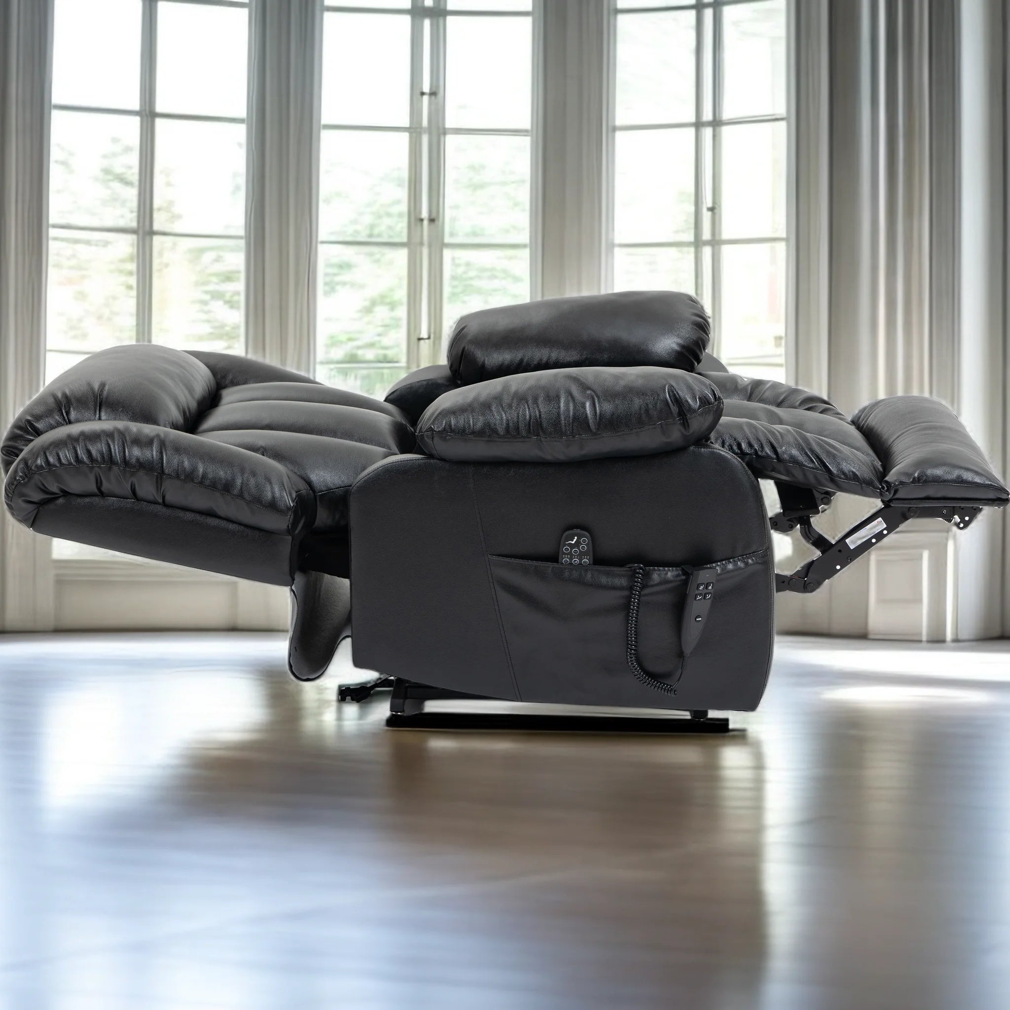 Oversized Black Leather Power Lift Recliner Chair with 8-Point Vibration Massage Lumbar Heating F854