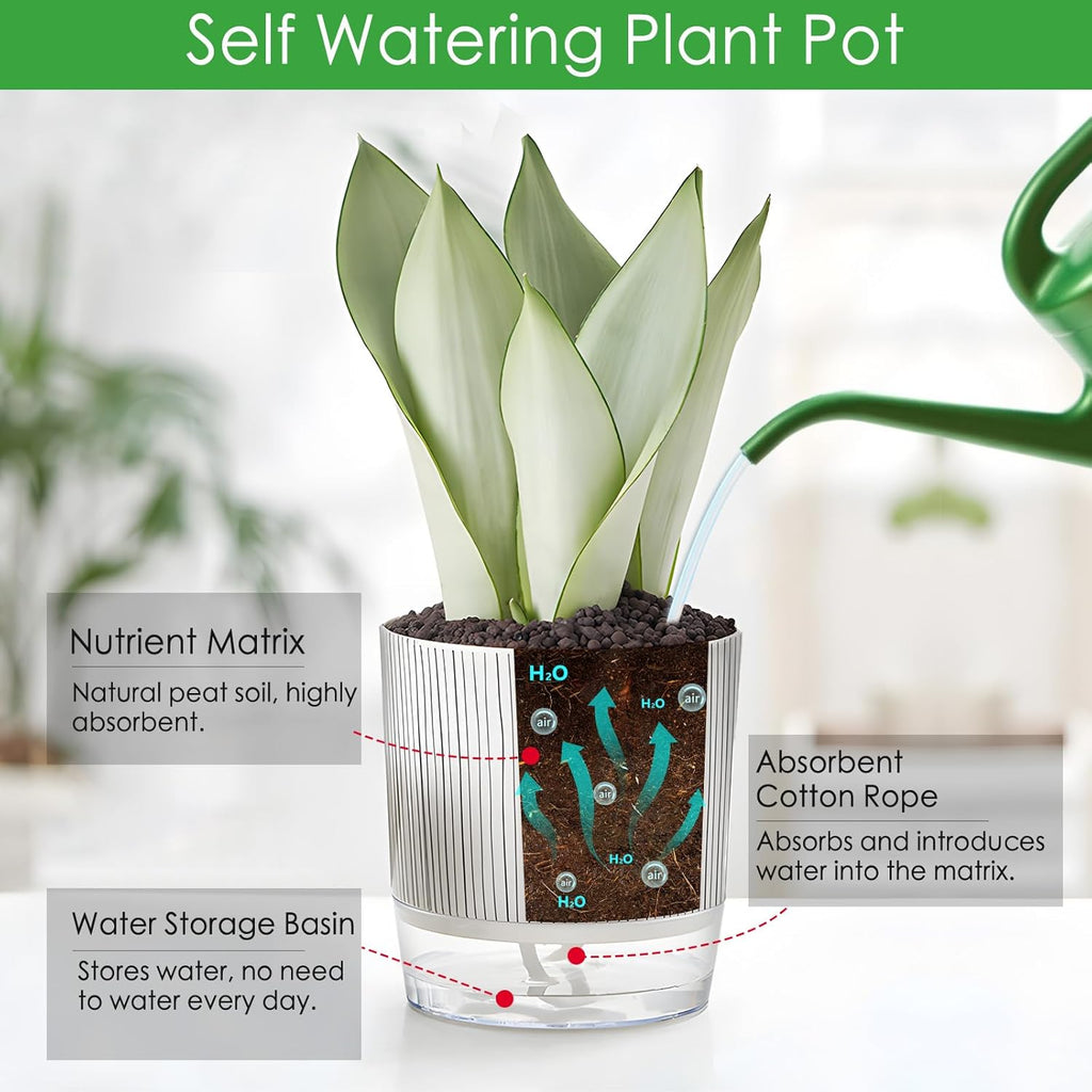4 Pack Self Watering Pots, 4.3+5.5 Inch Planter Pot with Wick Rope and Reservoir S17573