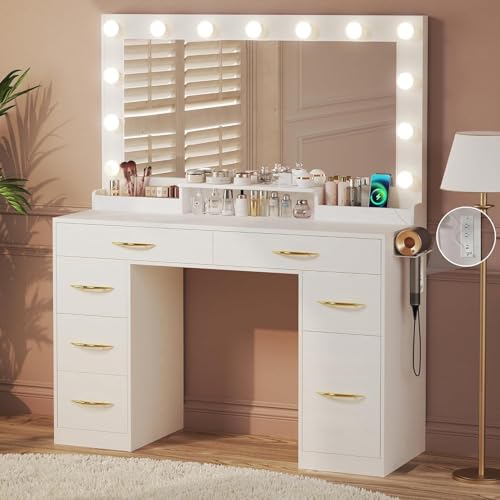 White Vanity Desk with Lights and Large Mirror Q911