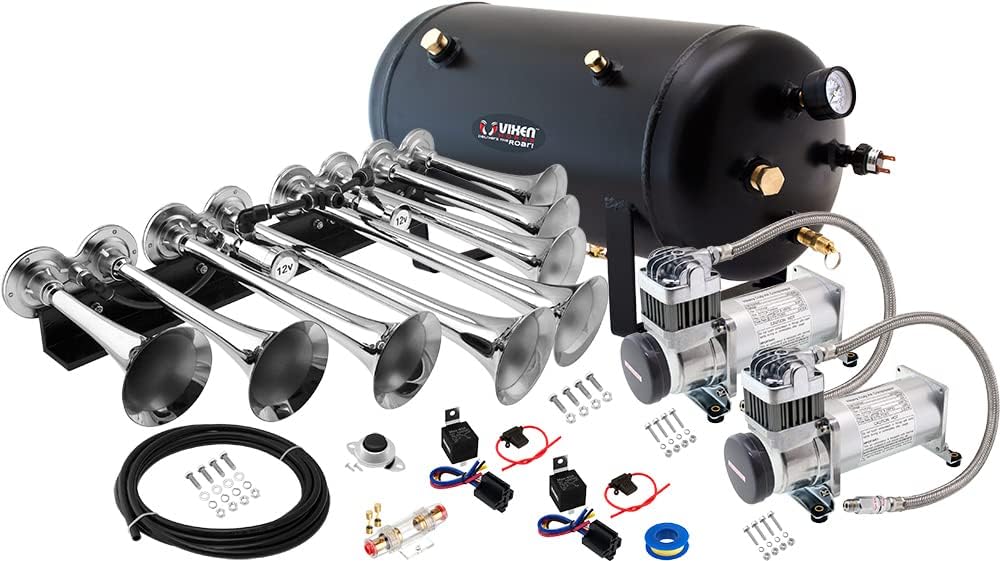 Train Horn Kit with Dual 200psi Air Compressor, 5 Gallon Tank, 8 Trumpets B388497
